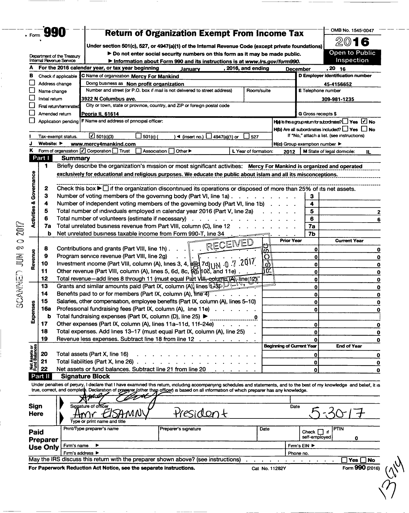 Image of first page of 2016 Form 990 for Mercy for Mankind