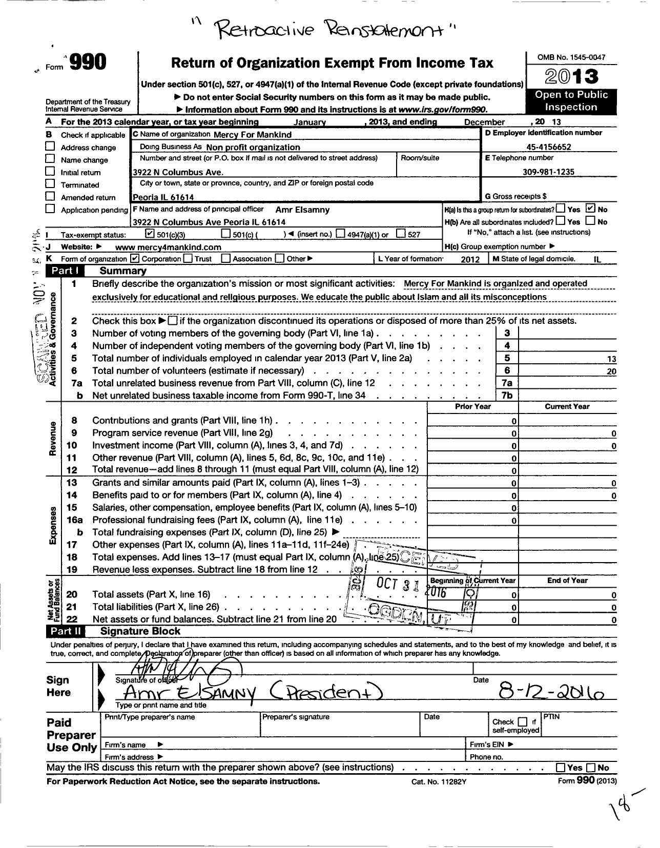 Image of first page of 2013 Form 990 for Mercy for Mankind