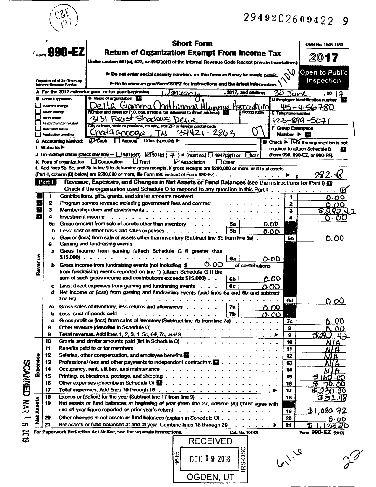 Image of first page of 2016 Form 990EO for Delta Gamma Fraternity / Chattanooga Area Alumnae Associatio