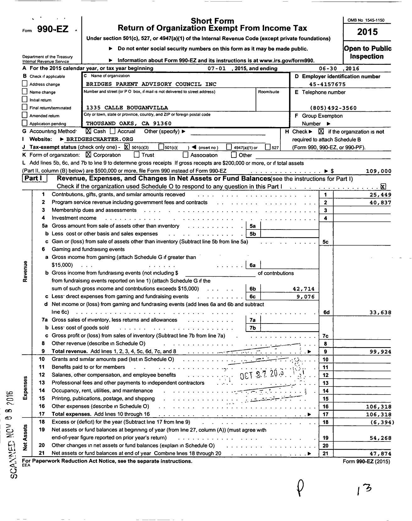 Image of first page of 2015 Form 990EZ for Bridges Parent Advisory Council