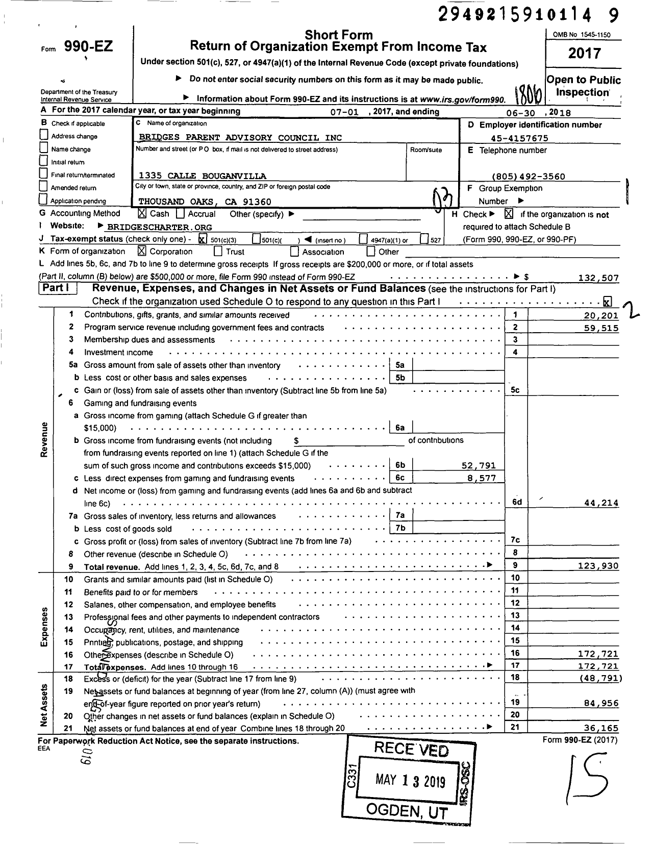 Image of first page of 2017 Form 990EZ for Bridges Parent Advisory Council