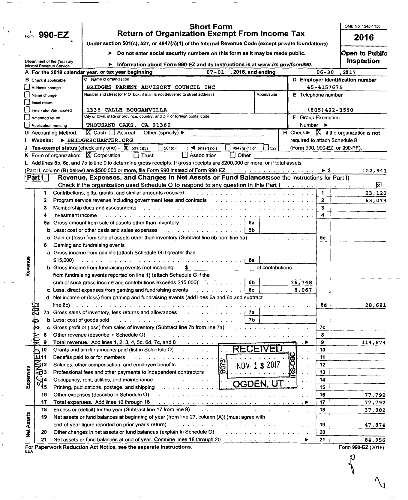 Image of first page of 2016 Form 990EZ for Bridges Parent Advisory Council