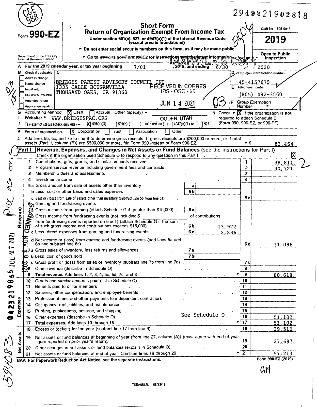 Image of first page of 2019 Form 990EZ for Bridges Parent Advisory Council