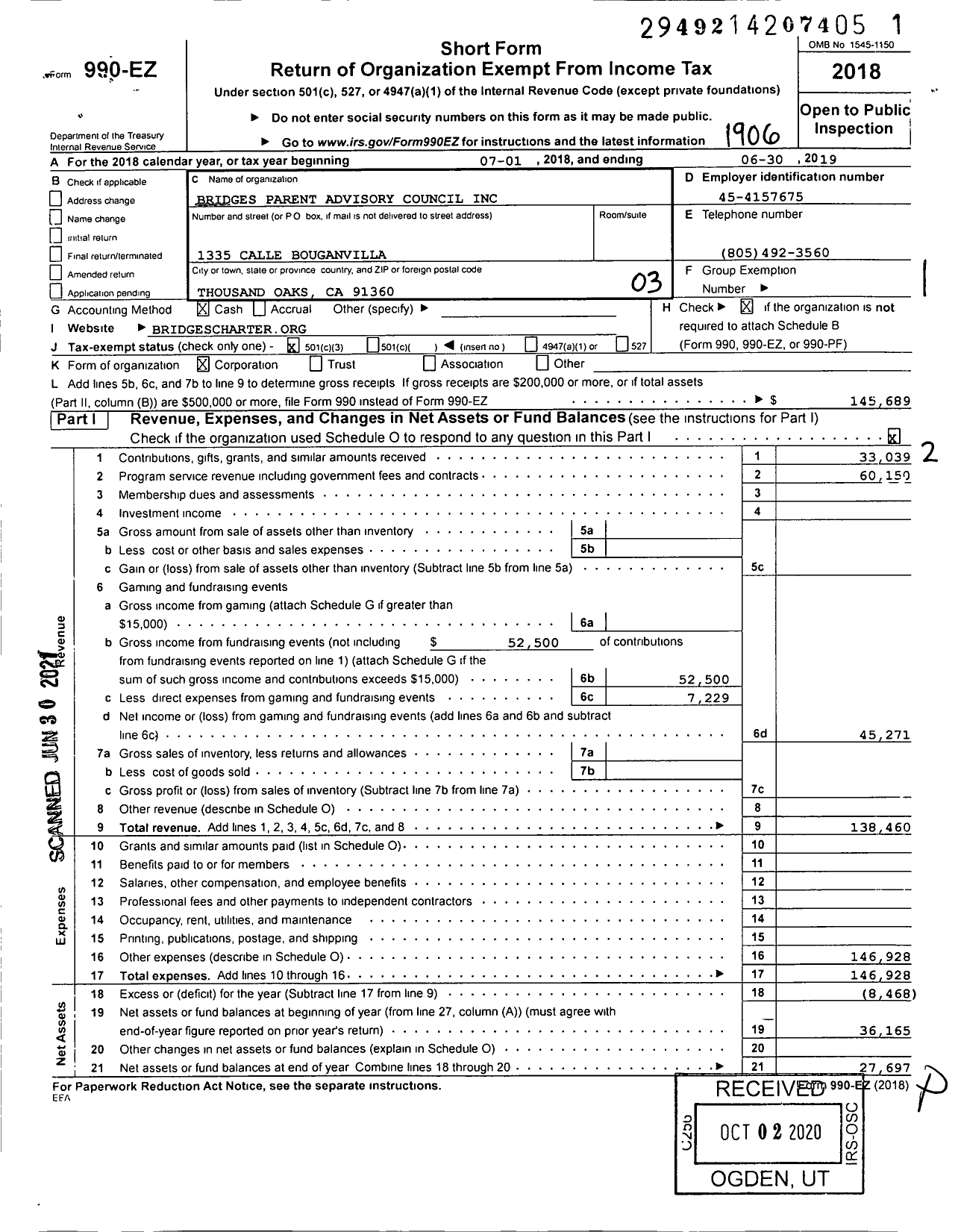 Image of first page of 2018 Form 990EZ for Bridges Parent Advisory Council