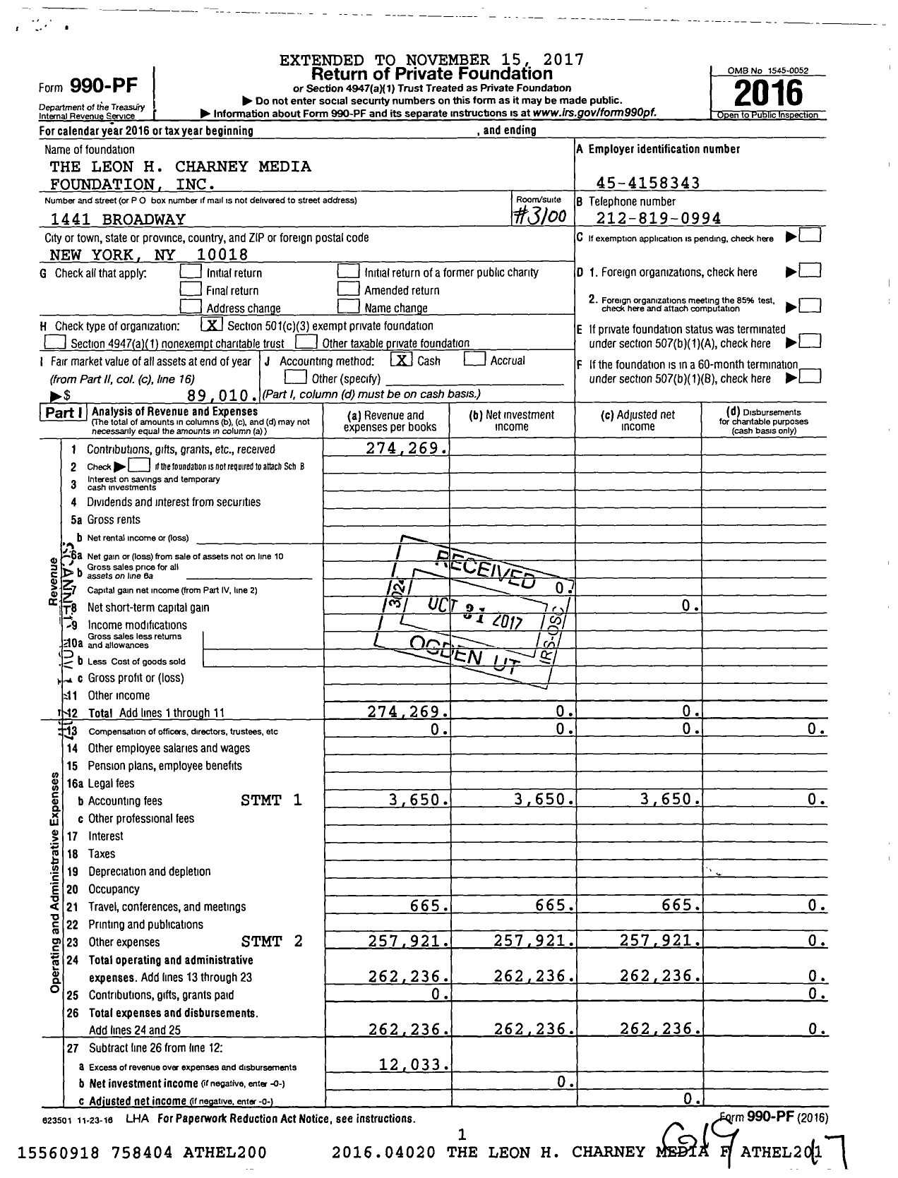 Image of first page of 2016 Form 990PF for The Leon H Charney Media Foundation