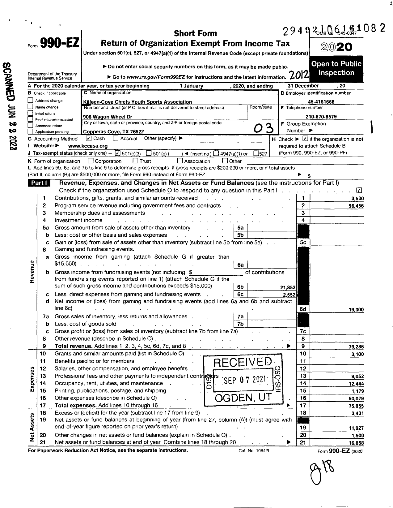 Image of first page of 2020 Form 990EZ for CTX Chiefs Youth Sports Association