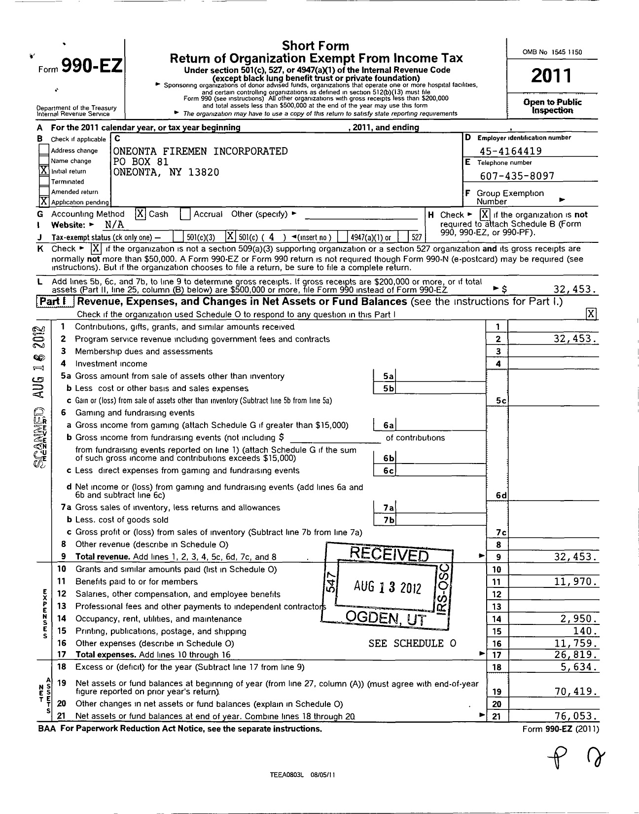 Image of first page of 2011 Form 990EO for Oneonta Fireman Incorporated