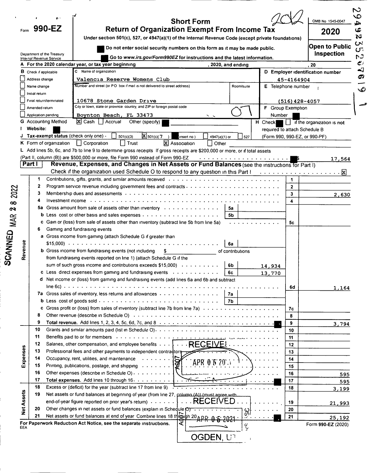 Image of first page of 2020 Form 990EO for Valencia Reserve Womens Club