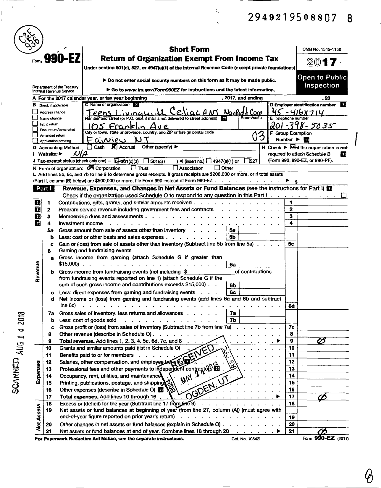 Image of first page of 2017 Form 990EZ for Teens Living with Celiac