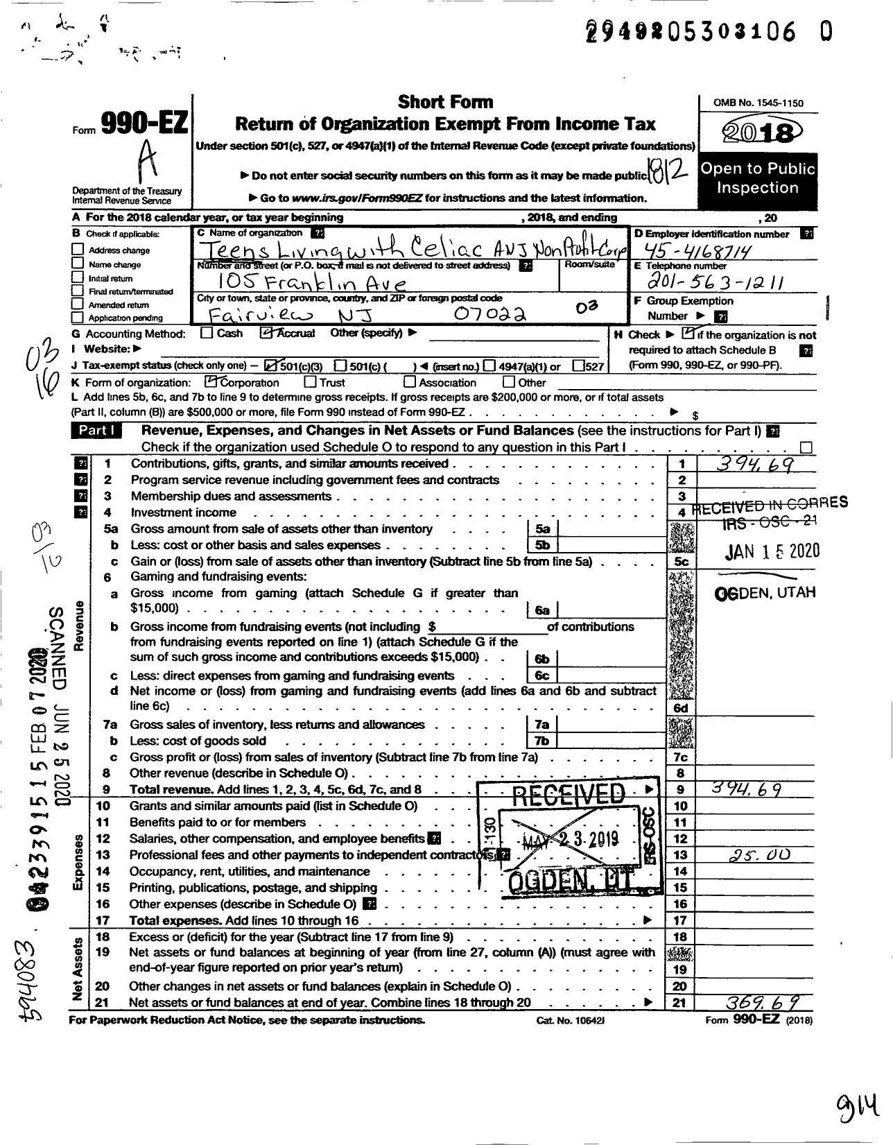 Image of first page of 2018 Form 990EZ for Teens Living with Celiac