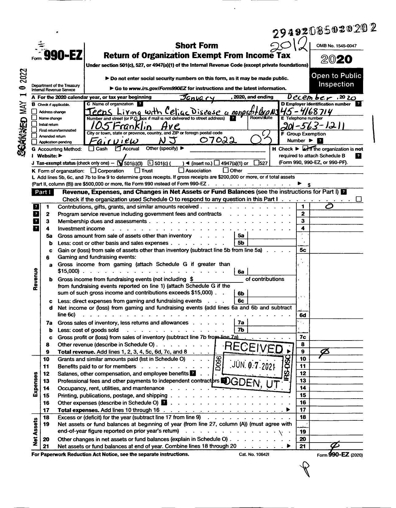 Image of first page of 2020 Form 990EZ for Teens Living with Celiac