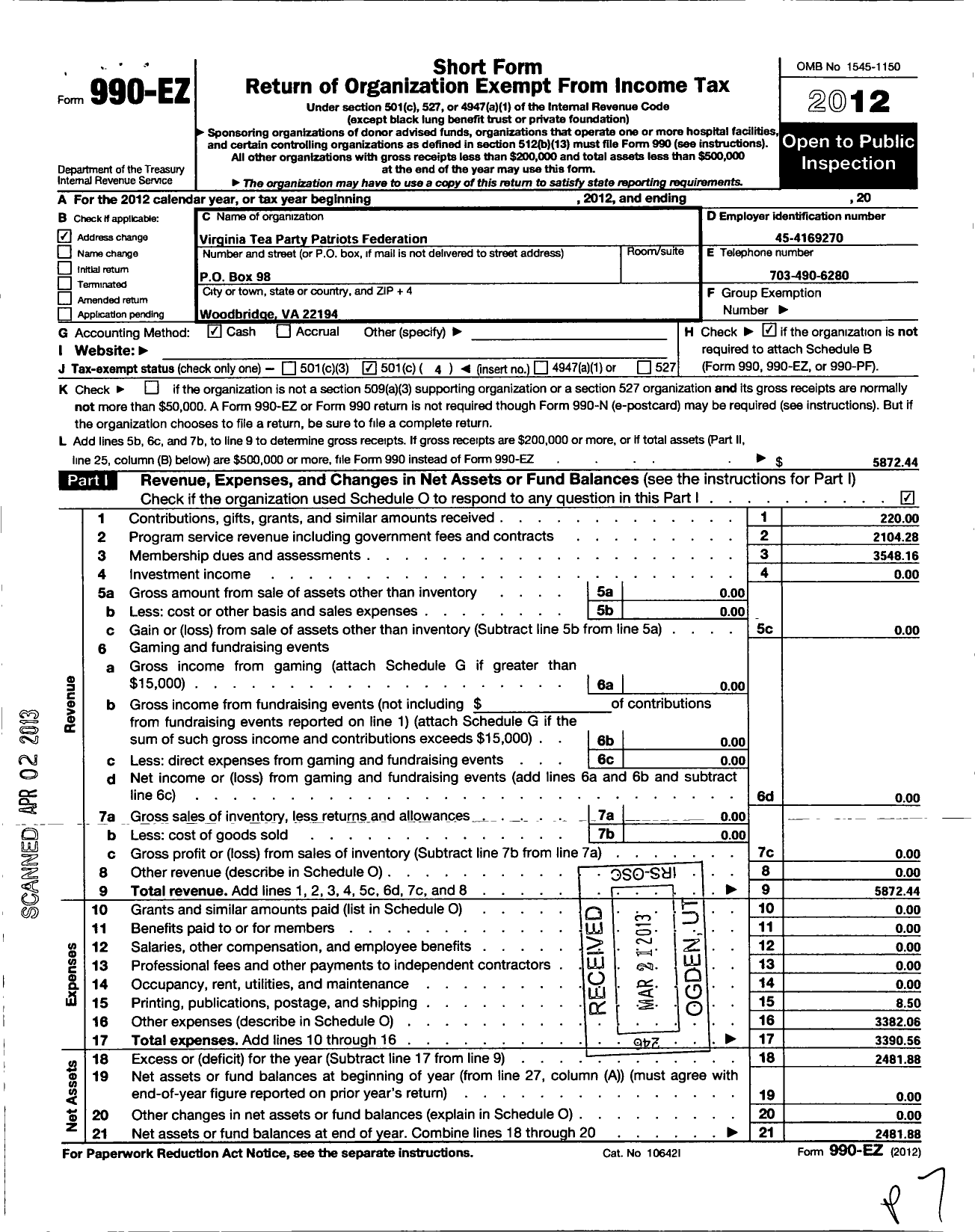 Image of first page of 2012 Form 990EO for Virginia Tea Party