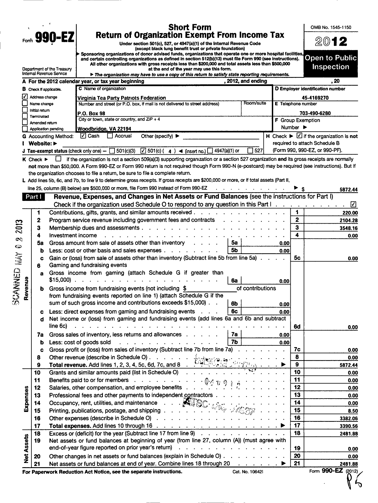 Image of first page of 2012 Form 990EO for Virginia Tea Party