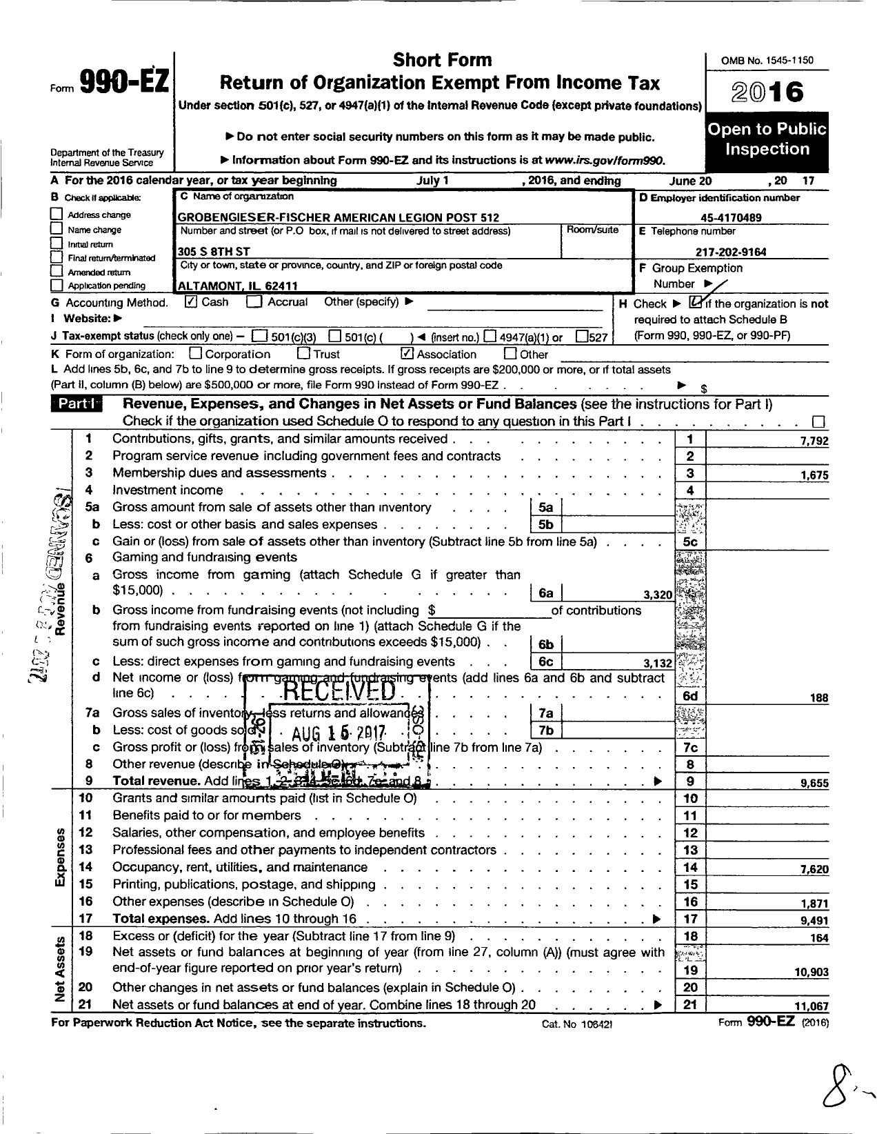 Image of first page of 2016 Form 990EO for American Legion - 512 Grobengieser-Fischer