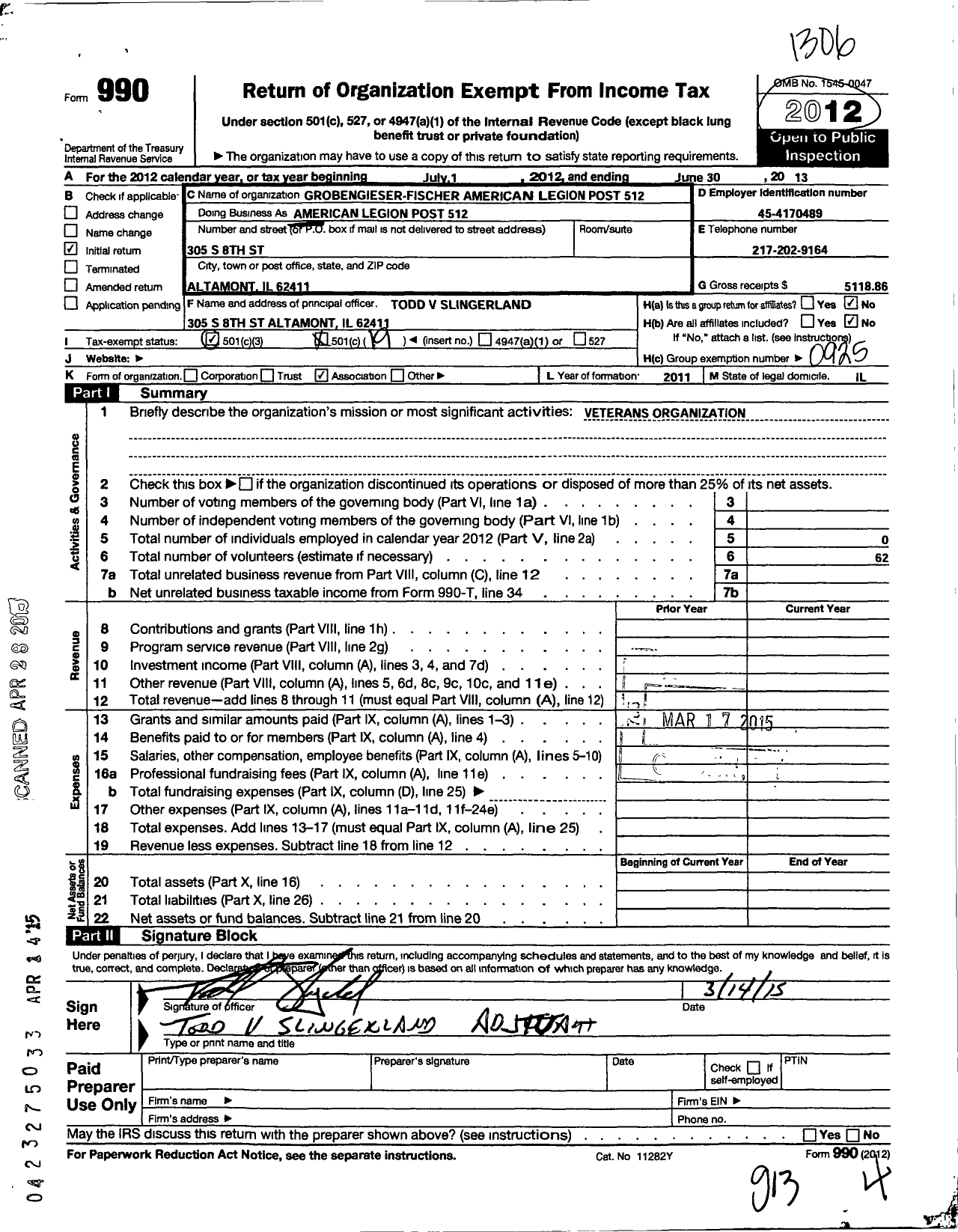 Image of first page of 2012 Form 990O for American Legion - 512 Grobengieser-Fischer