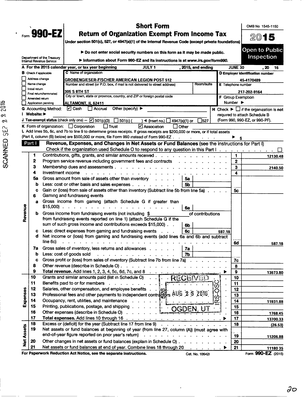 Image of first page of 2015 Form 990EZ for American Legion - 512 Grobengieser-Fischer