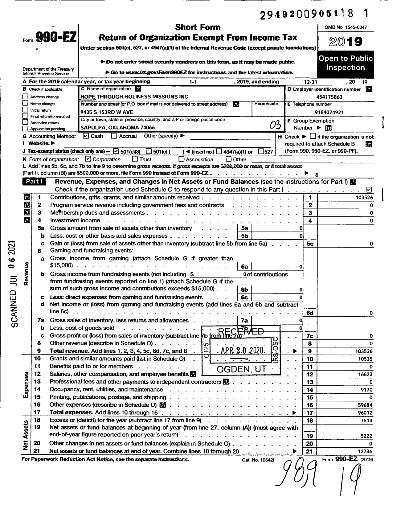 Image of first page of 2019 Form 990EZ for Hope Through Holiness Missions