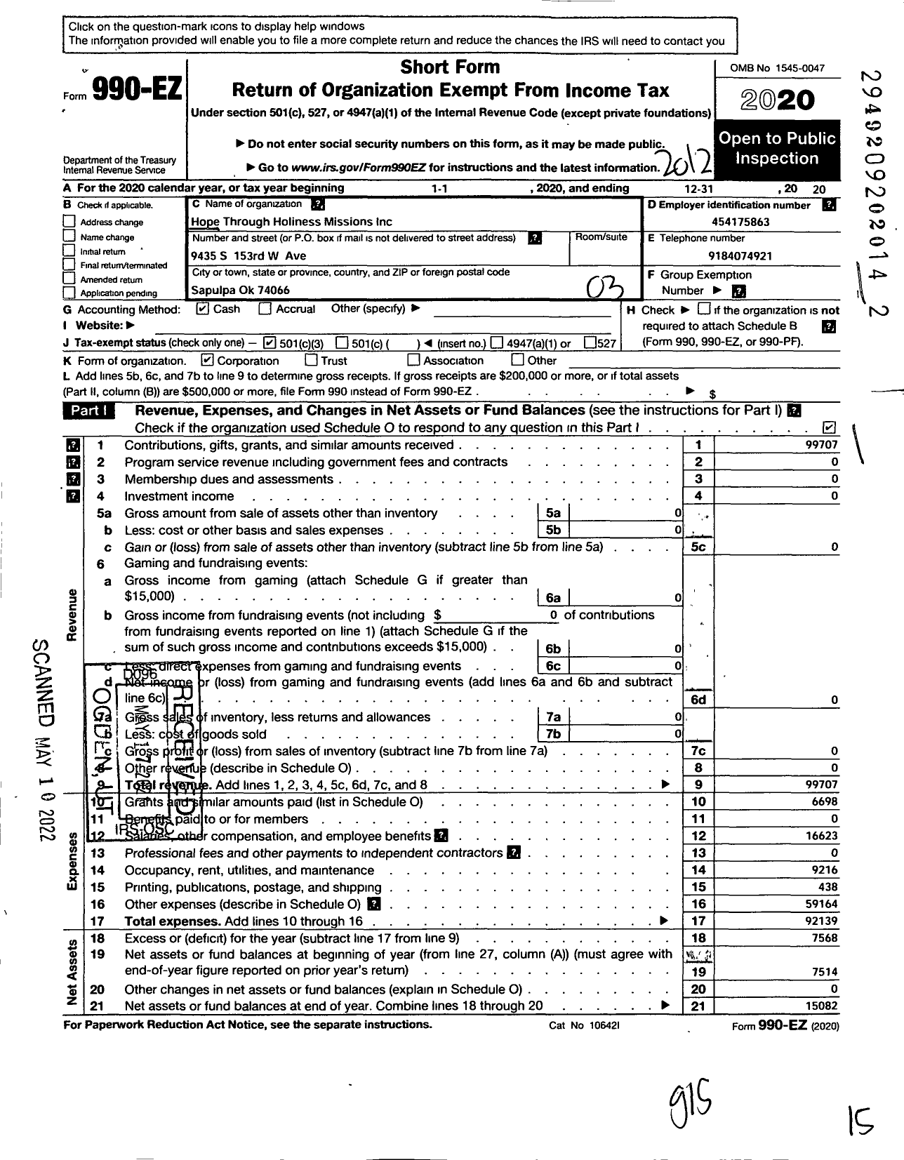 Image of first page of 2020 Form 990EZ for Hope Through Holiness Missions