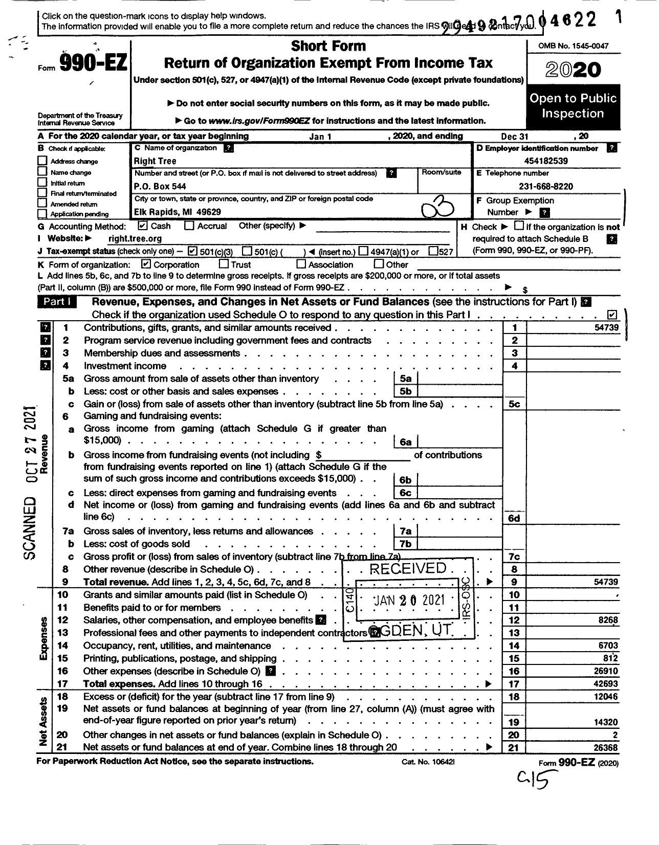 Image of first page of 2020 Form 990EZ for Right Tree