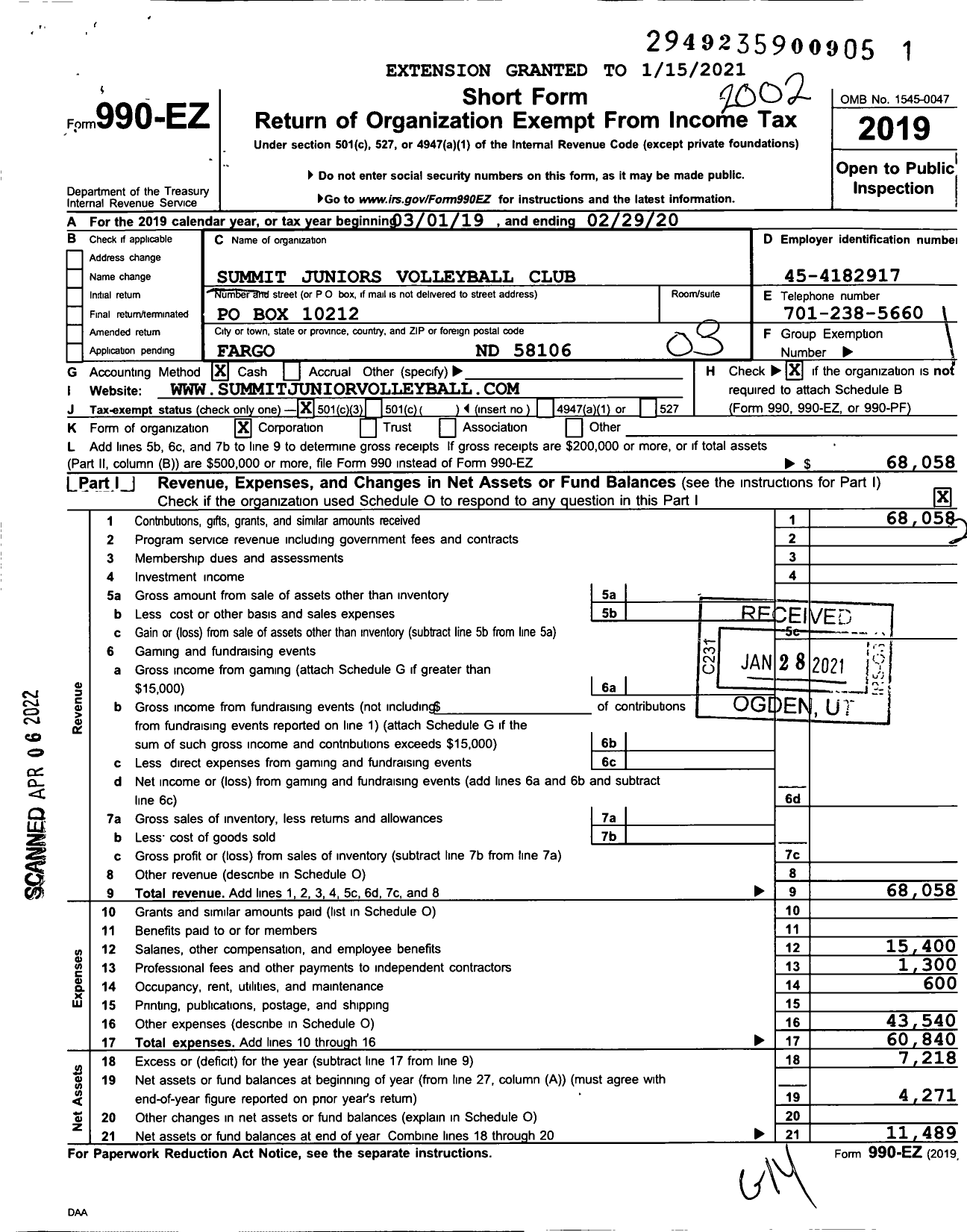 Image of first page of 2019 Form 990EZ for Summit Juniors Volleyball Club