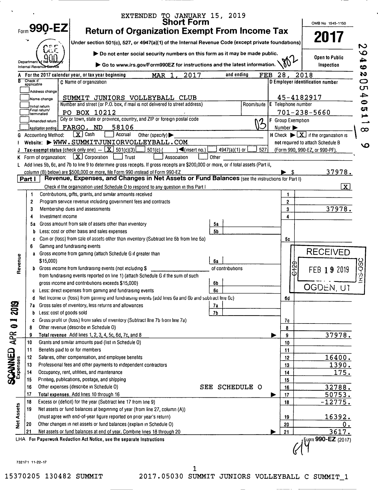 Image of first page of 2017 Form 990EZ for Summit Juniors Volleyball Club