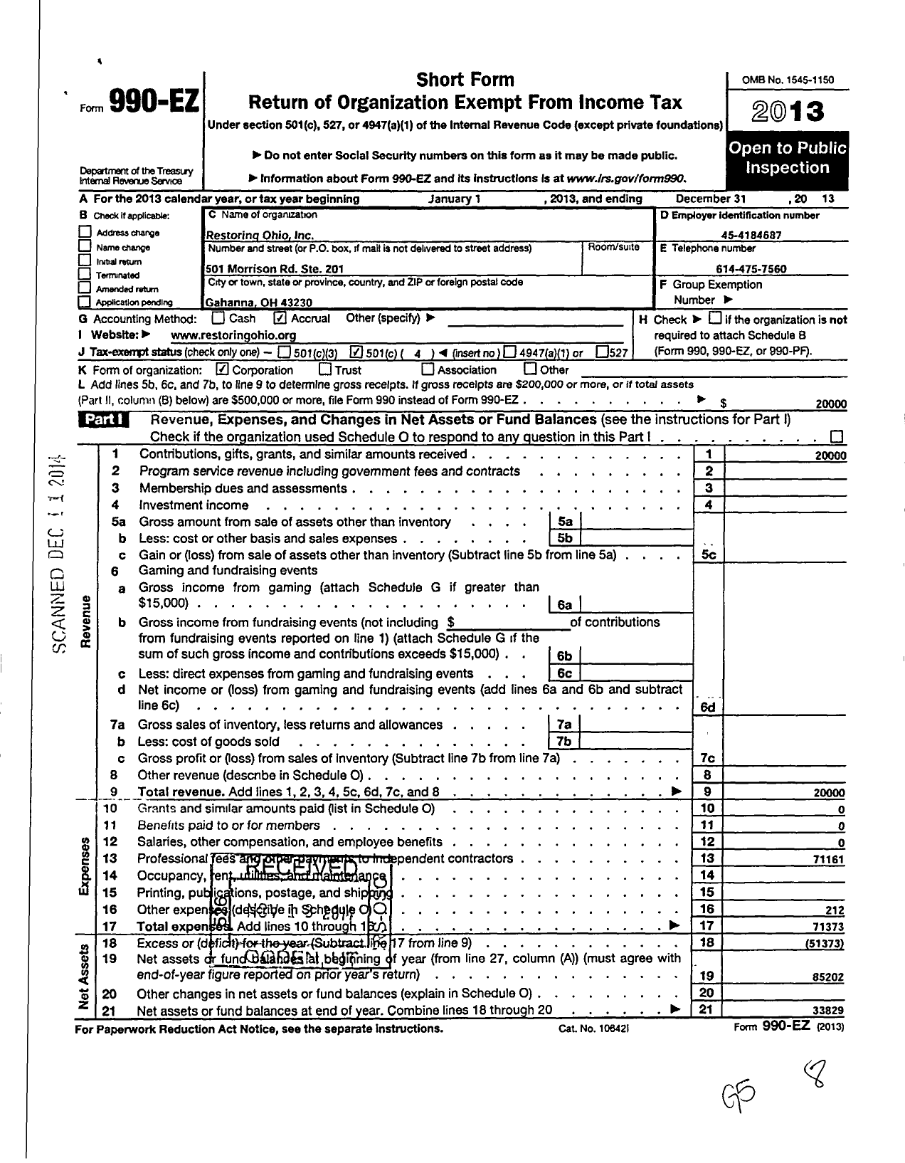 Image of first page of 2013 Form 990EO for Restoring Ohio