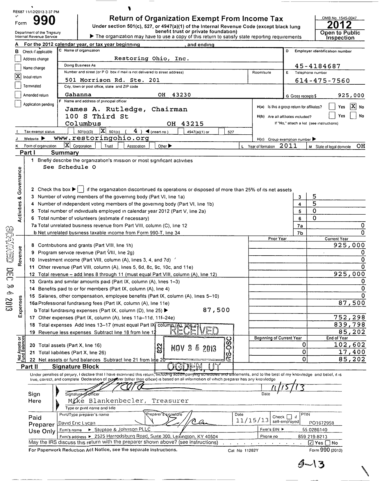 Image of first page of 2012 Form 990O for Restoring Ohio