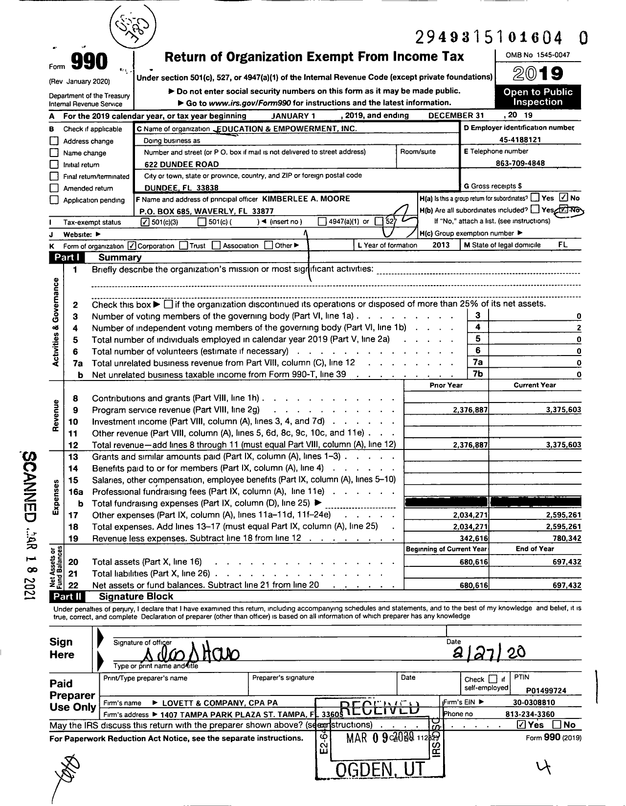 Image of first page of 2019 Form 990 for Education and Empowerment