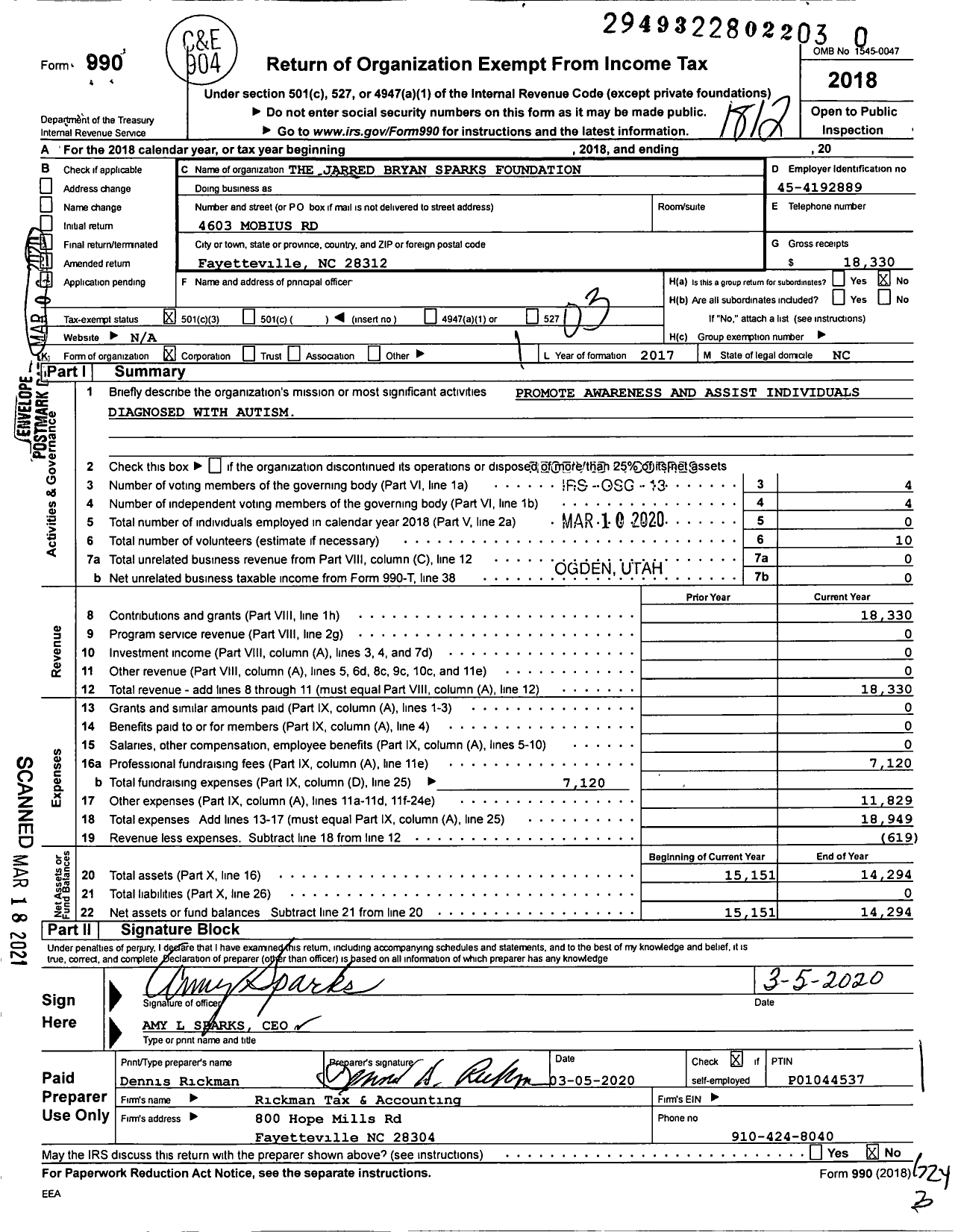 Image of first page of 2018 Form 990 for The Jarred Bryan Sparks Foundation