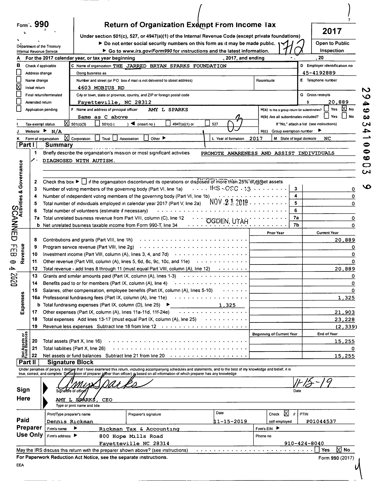 Image of first page of 2017 Form 990 for The Jarred Bryan Sparks Foundation