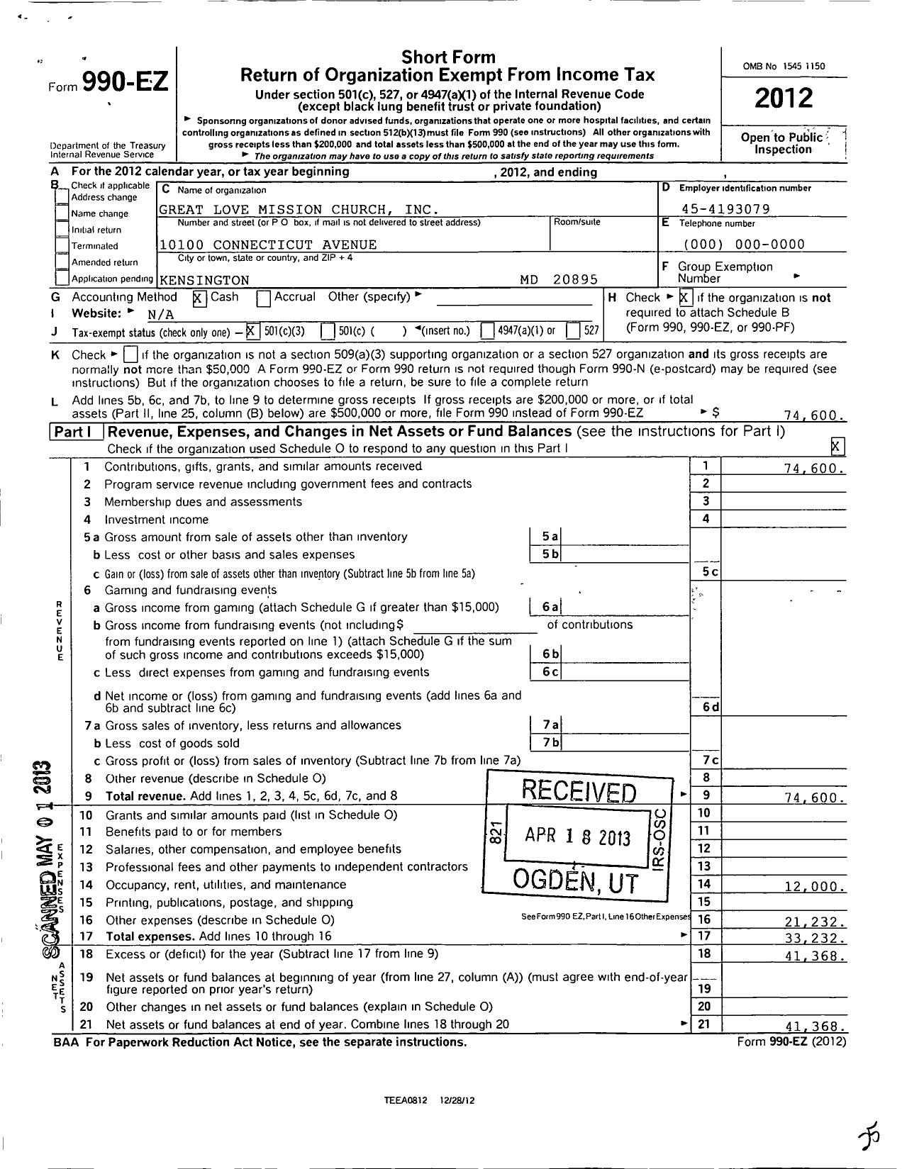 Image of first page of 2012 Form 990EZ for Great Love Mission Church