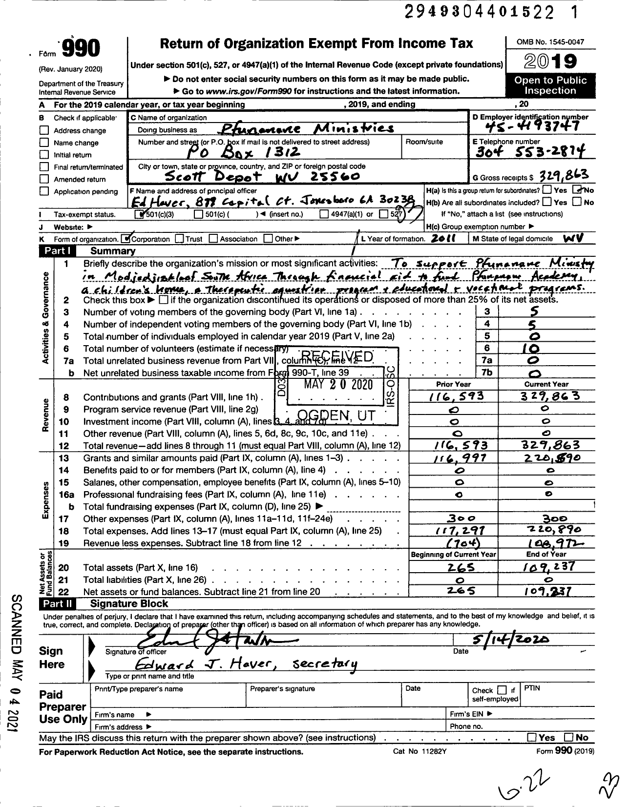 Image of first page of 2019 Form 990 for Pfunanane Ministries Incorporated