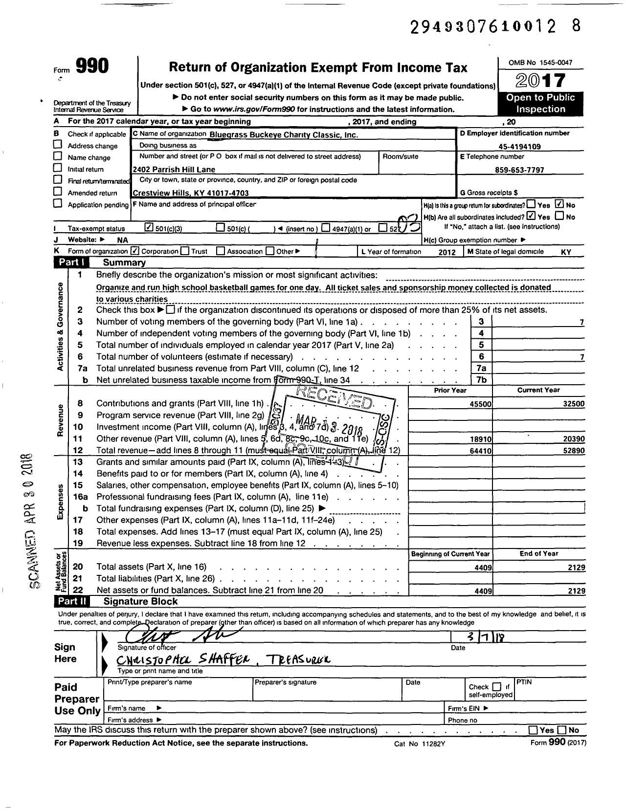 Image of first page of 2017 Form 990 for Bluegrass Buckeye Charity Classic