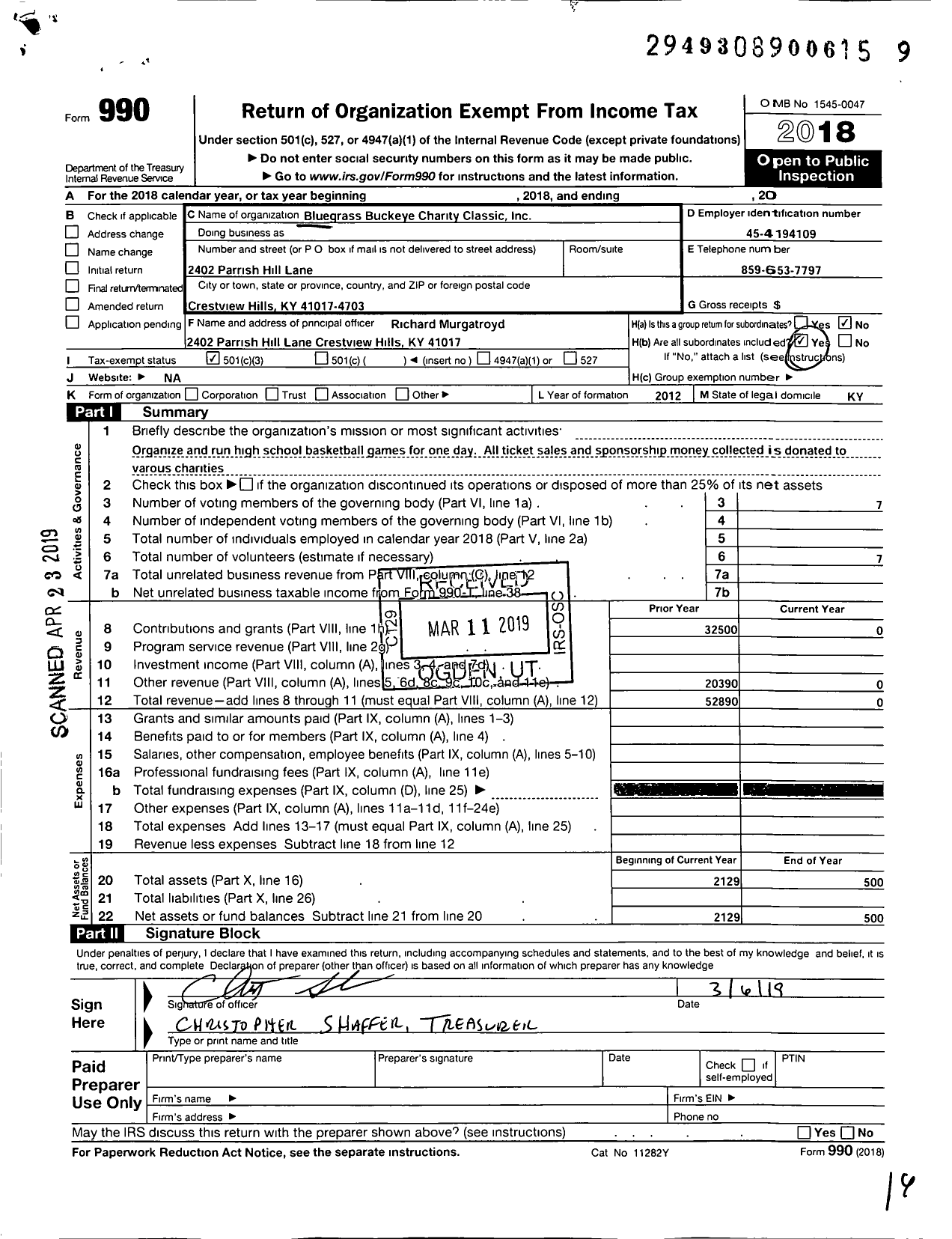 Image of first page of 2018 Form 990 for Bluegrass Buckeye Charity Classic