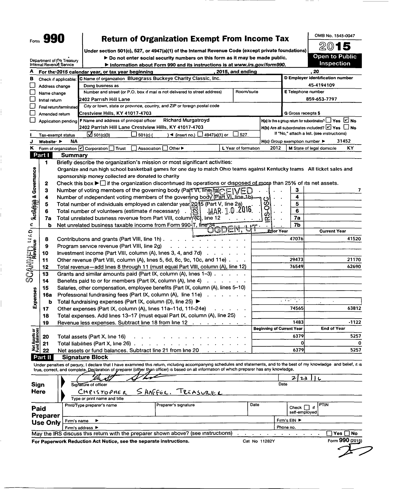 Image of first page of 2015 Form 990 for Bluegrass Buckeye Charity Classic