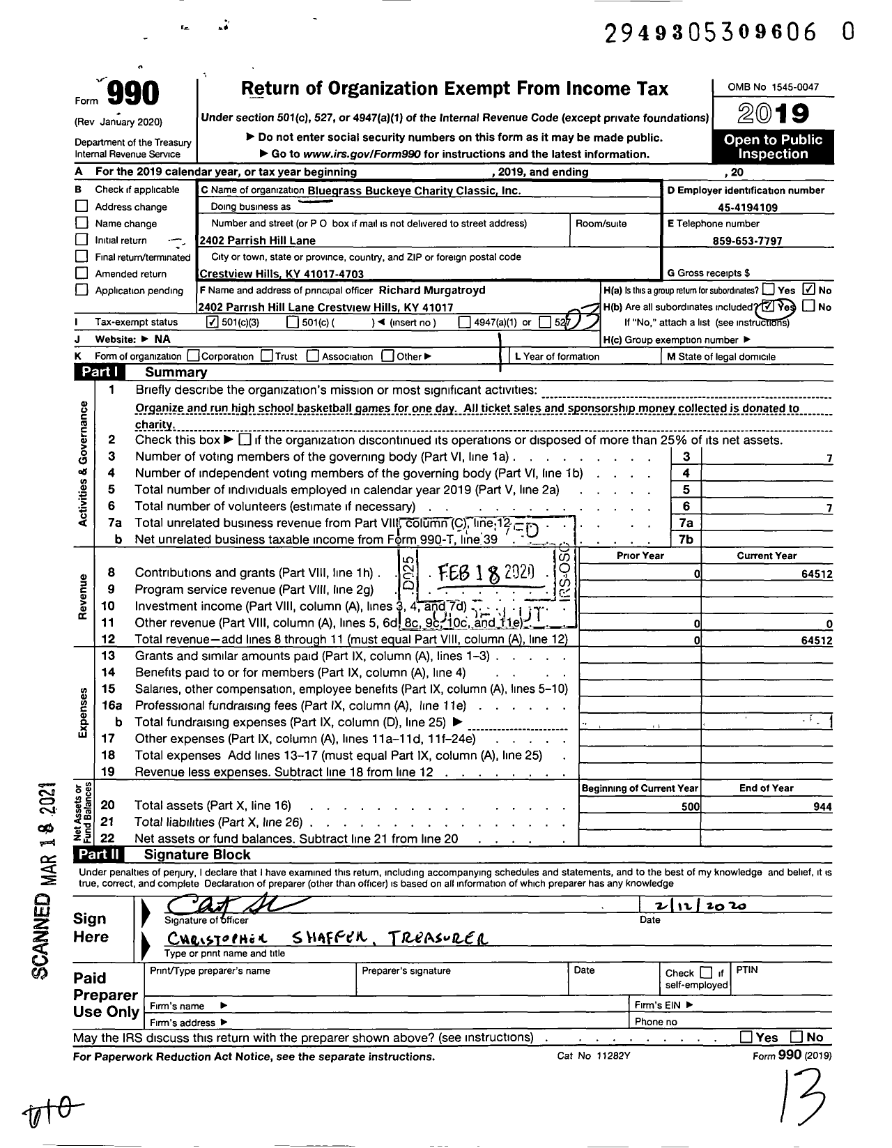 Image of first page of 2019 Form 990 for Bluegrass Buckeye Charity Classic