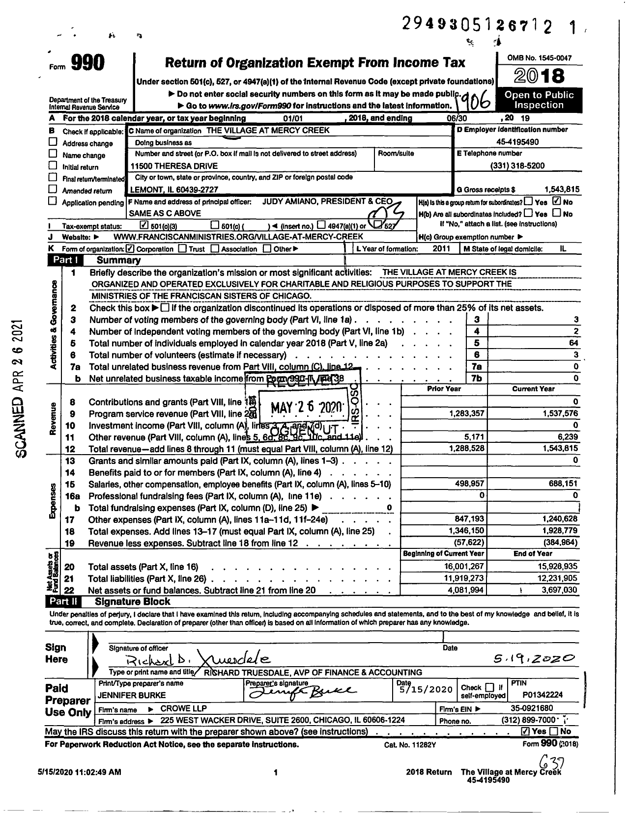 Image of first page of 2018 Form 990 for The Village at Mercy Creek