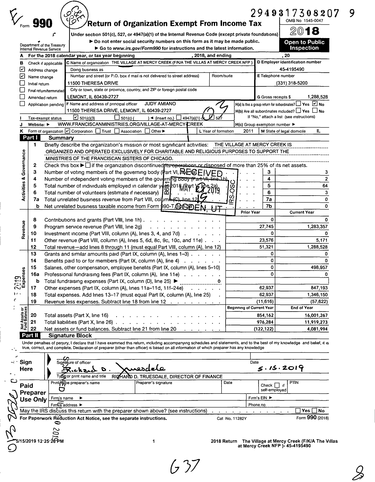 Image of first page of 2018 Form 990 for The Village at Mercy Creek