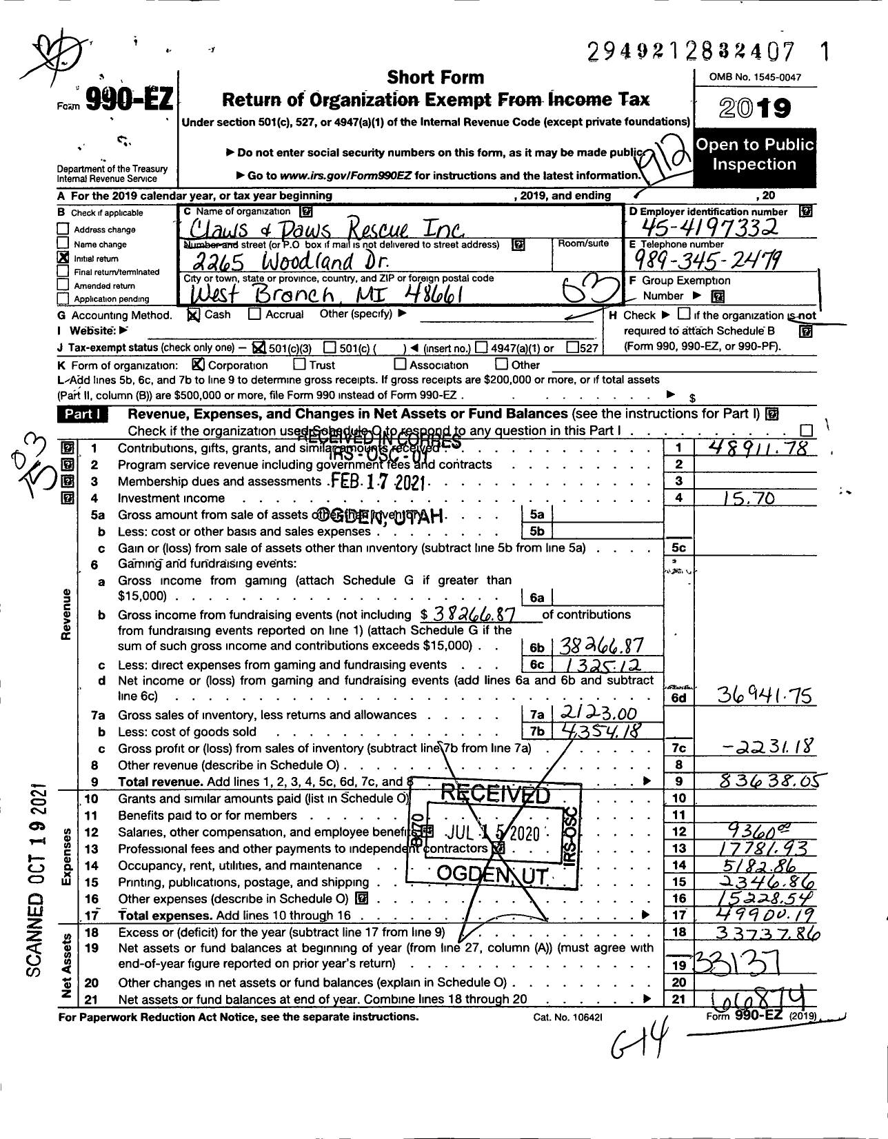 Image of first page of 2019 Form 990EZ for Claws and Paws Rescue