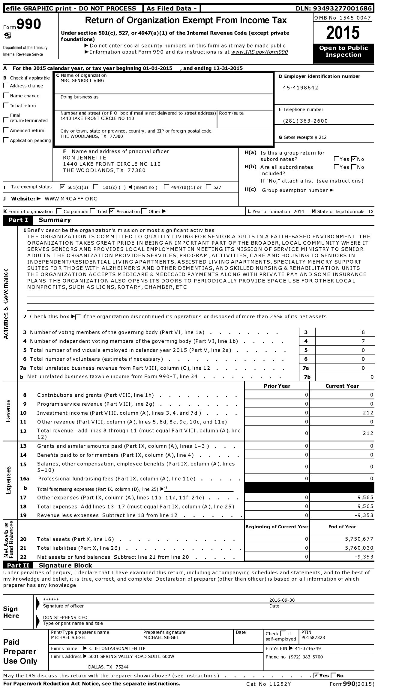 Image of first page of 2015 Form 990 for MRC Senior Living