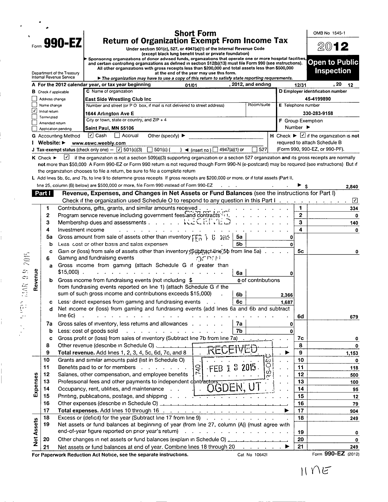 Image of first page of 2012 Form 990EZ for East Side Wrestling Club