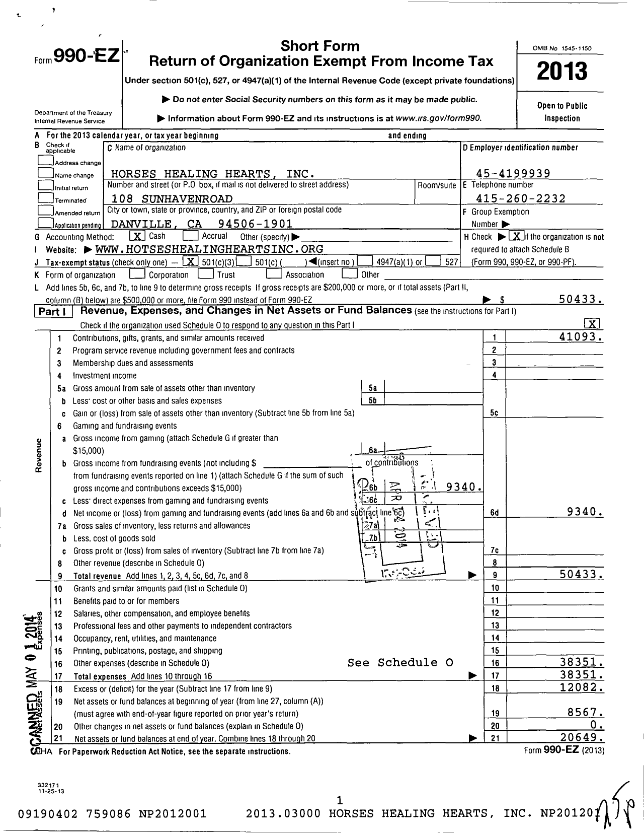 Image of first page of 2013 Form 990EZ for Horses Healing Hearts