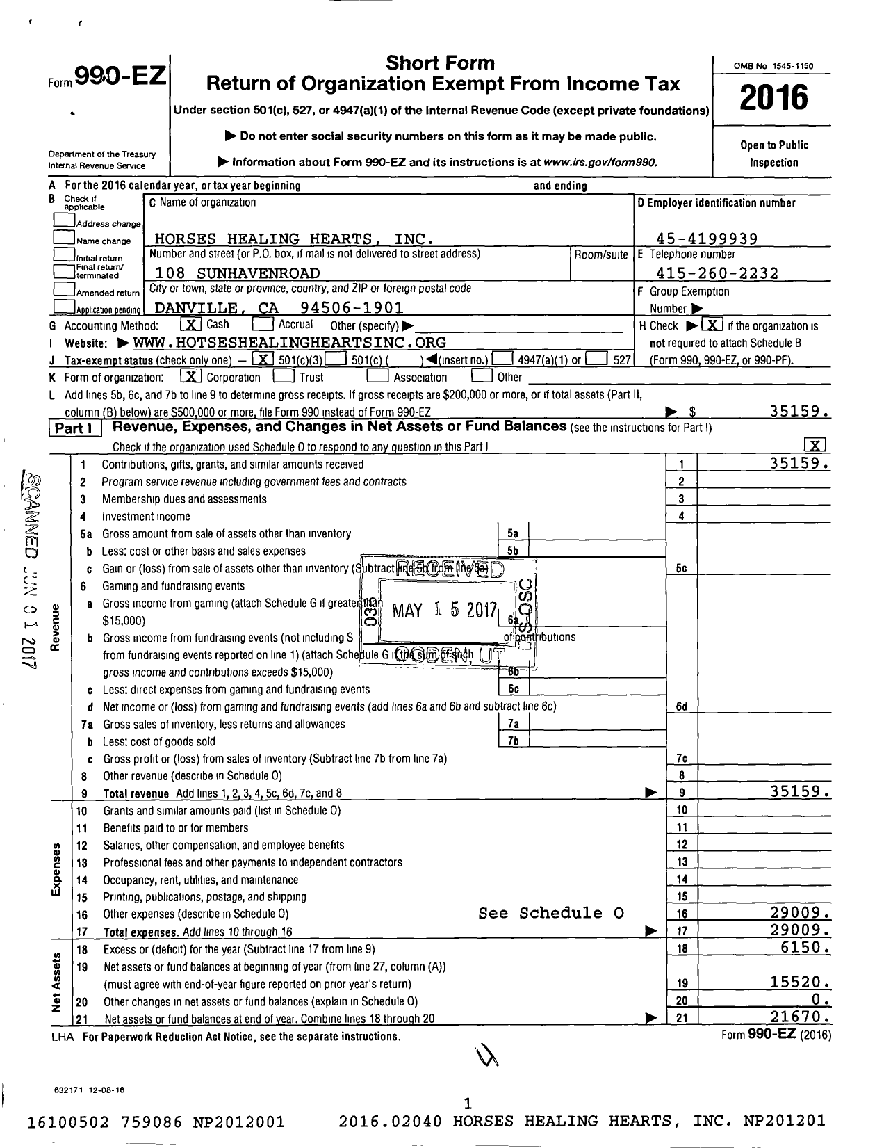 Image of first page of 2016 Form 990EZ for Horses Healing Hearts