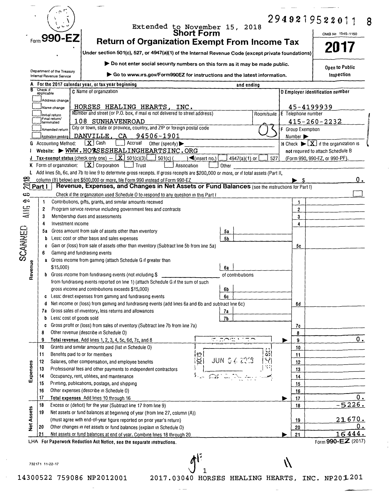 Image of first page of 2017 Form 990EZ for Horses Healing Hearts