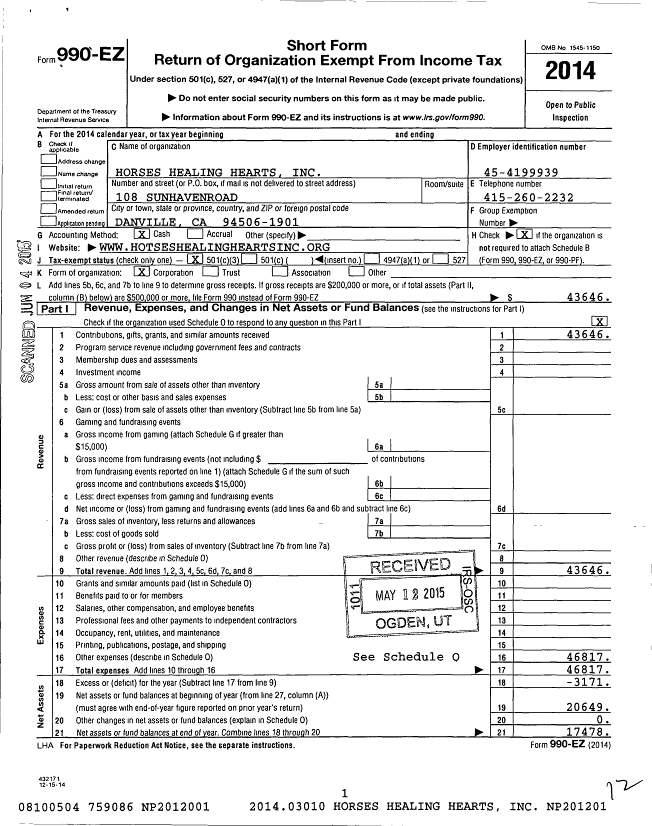 Image of first page of 2014 Form 990EZ for Horses Healing Hearts