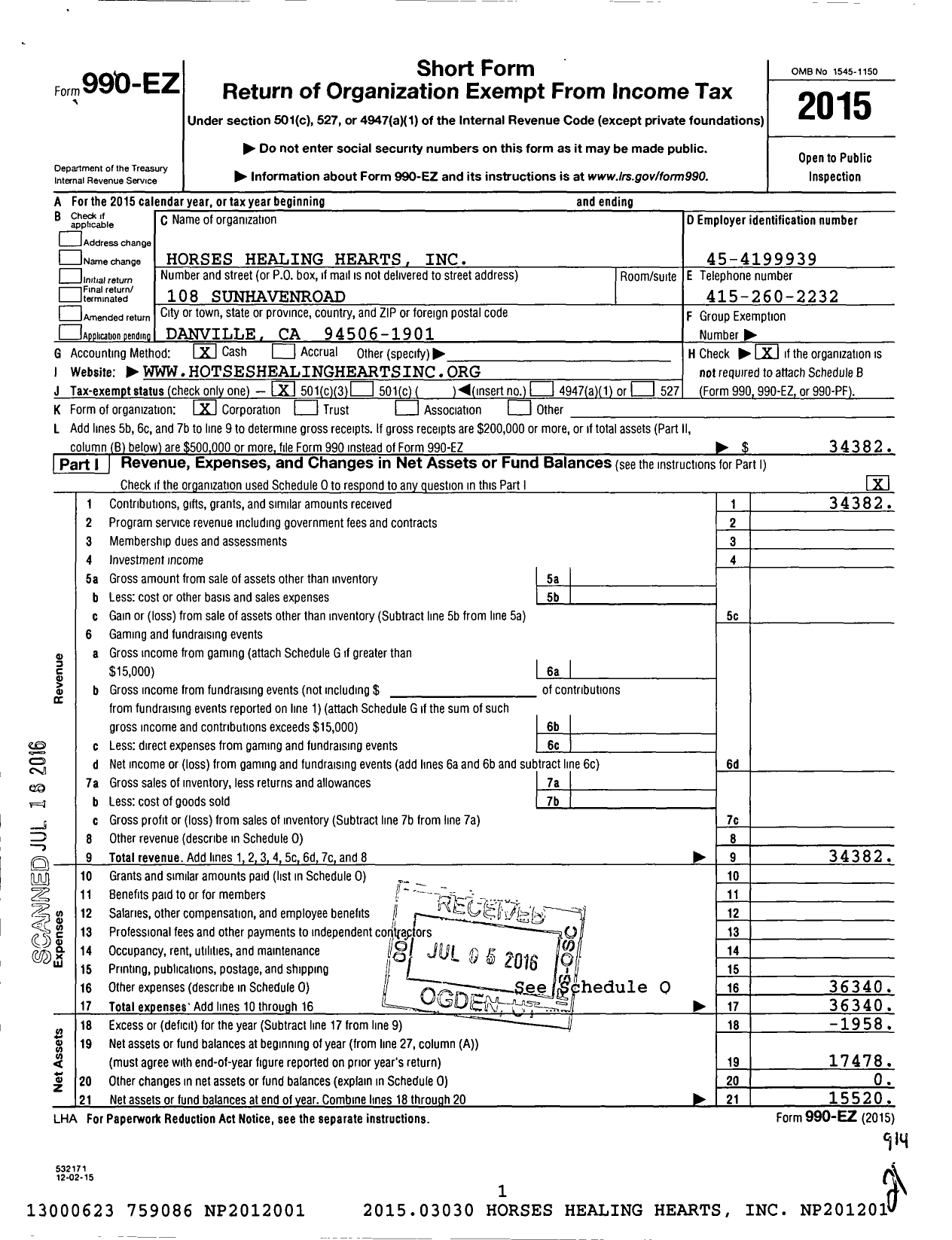 Image of first page of 2015 Form 990EZ for Horses Healing Hearts