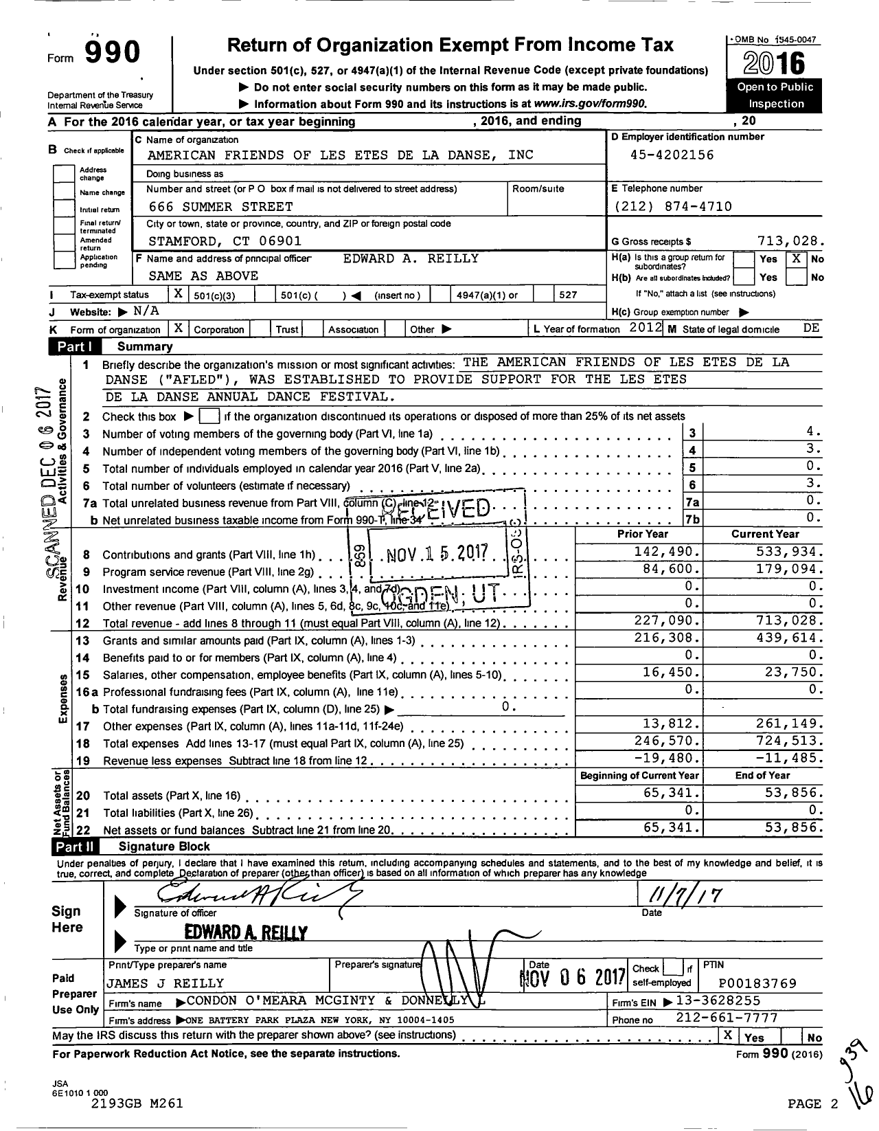 Image of first page of 2016 Form 990 for American Friends of Les Etes de La Danse