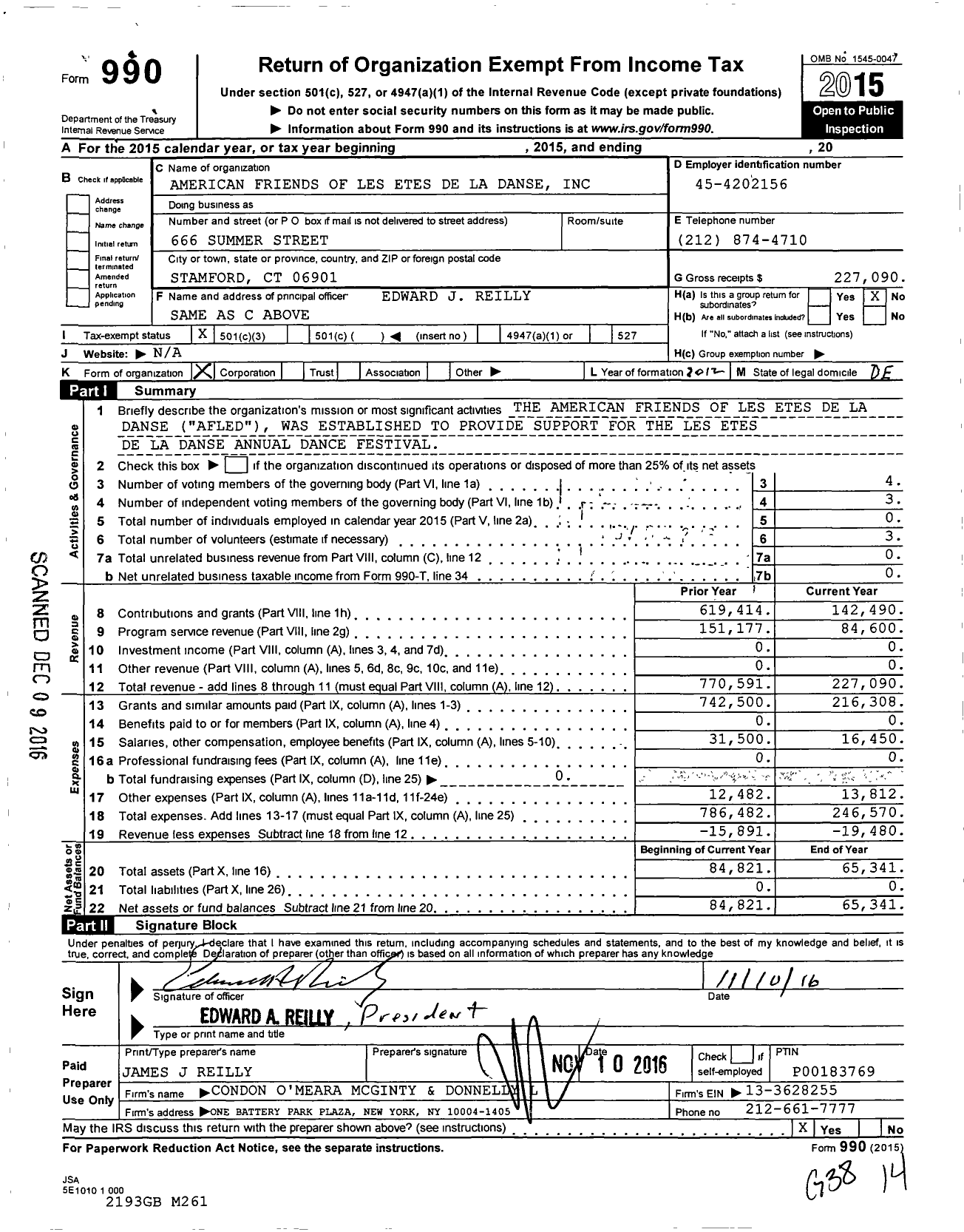 Image of first page of 2015 Form 990 for American Friends of Les Etes de La Danse