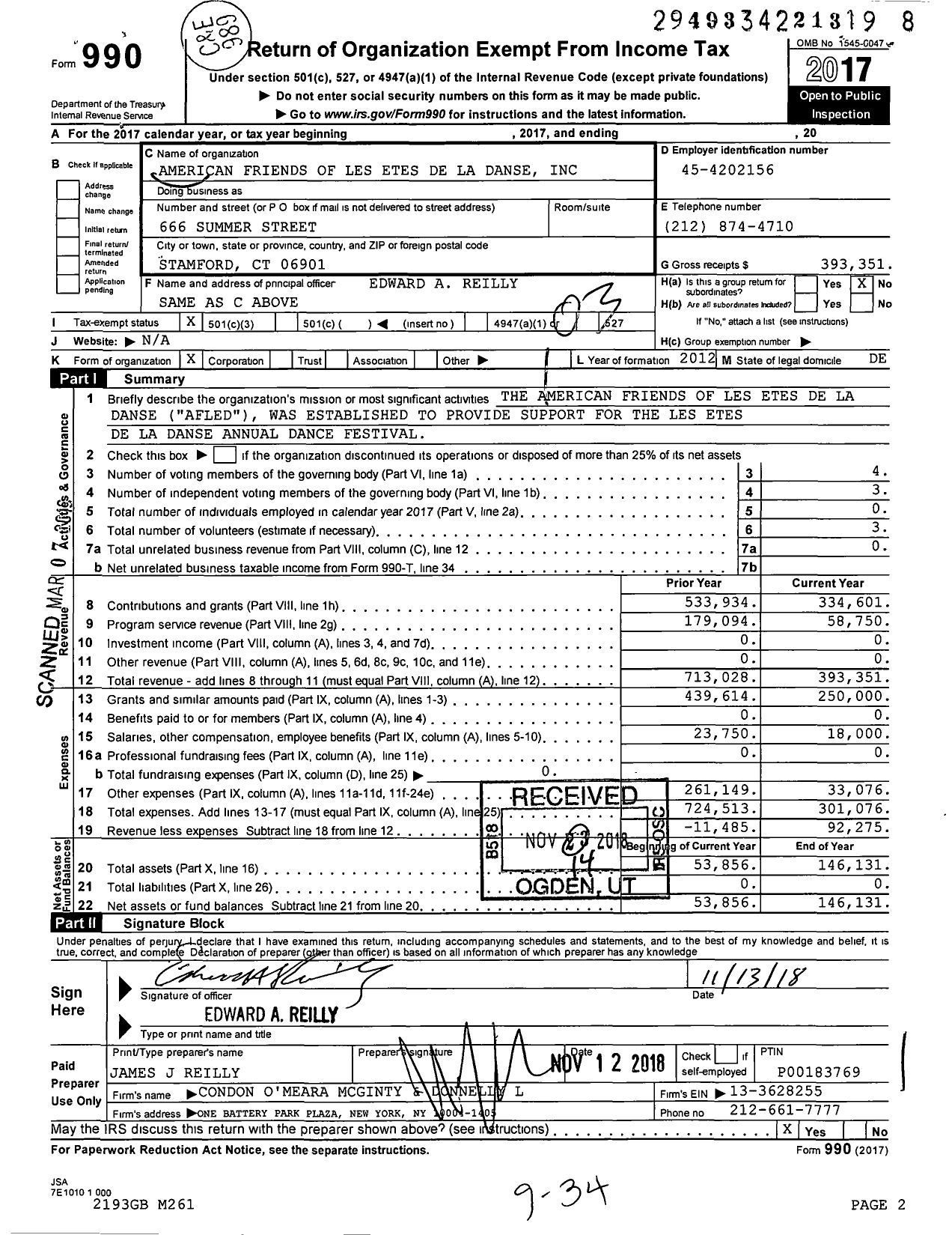 Image of first page of 2017 Form 990 for American Friends of Les Etes de La Danse