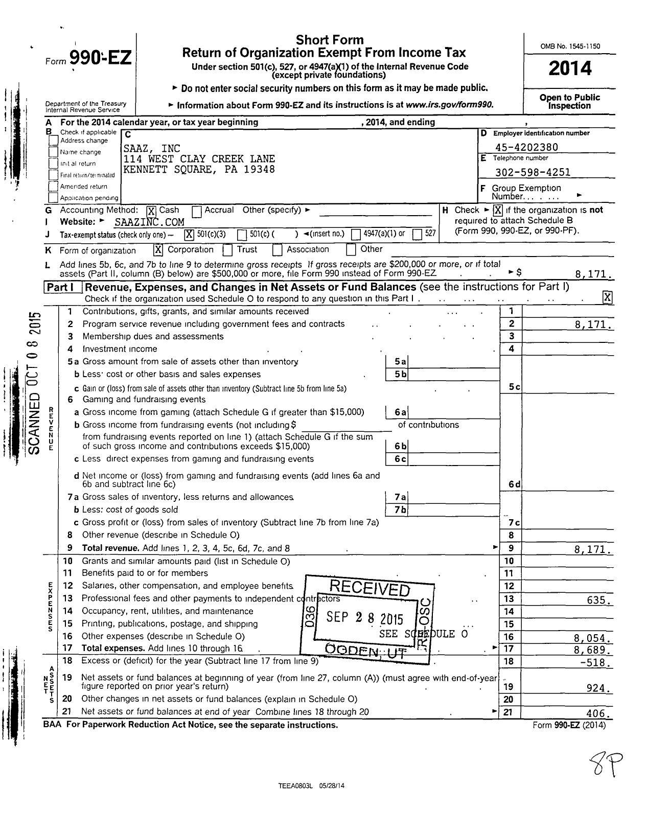 Image of first page of 2014 Form 990EZ for Saaz